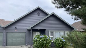 Ein Wohnhaus mit grauer Fassade, einer Garage und zwei Büschen mit blauen Blüten.