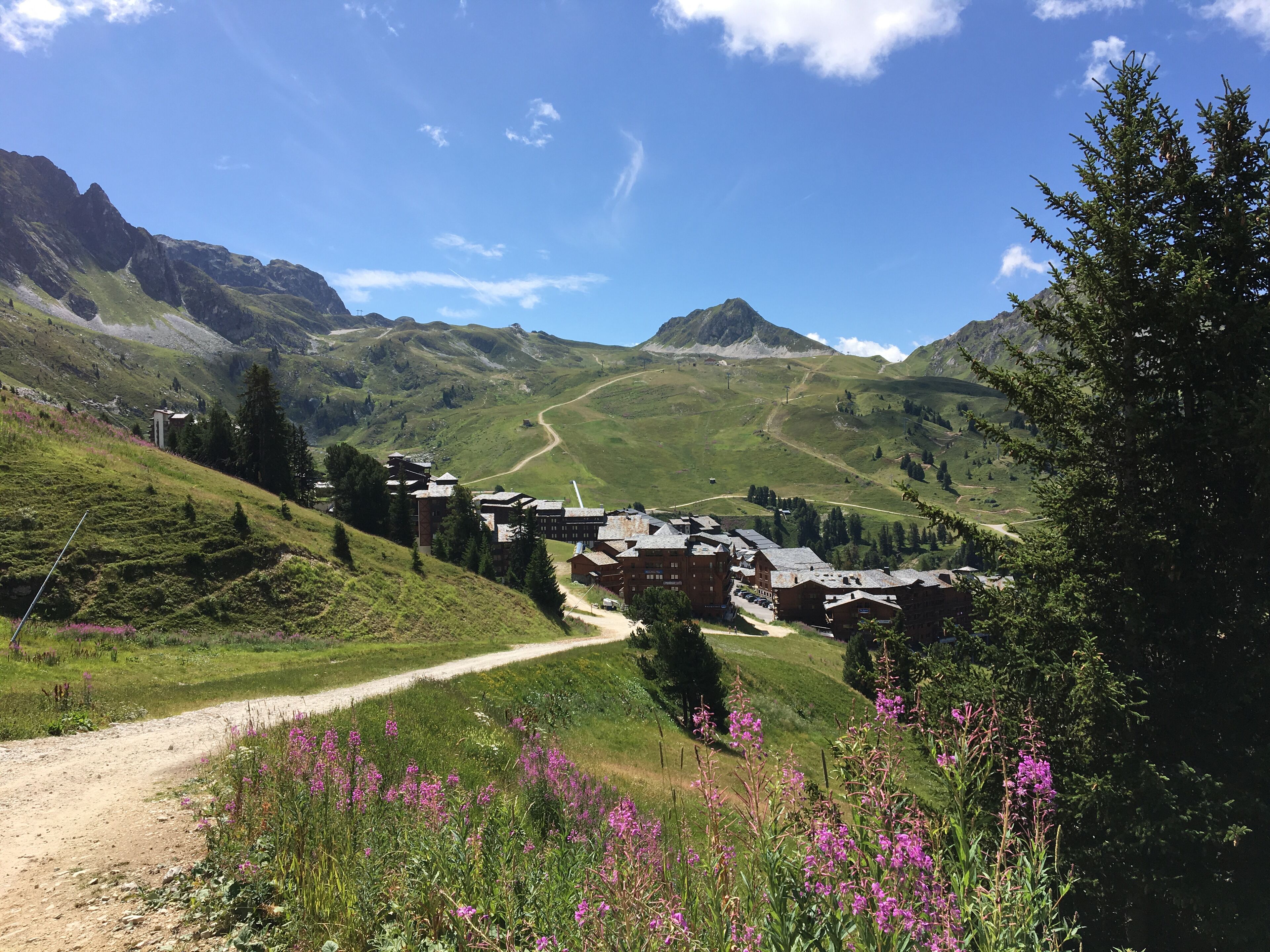 Un village de montagne aux bâtiments traditionnels, avec un chemin de terre et une végétation luxuriante.