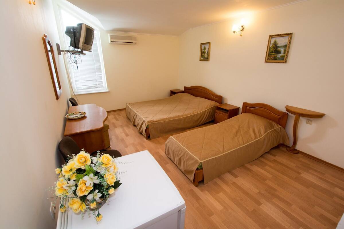 Una habitación con dos camas individuales, un escritorio con silla, una mesita con un florero y un televisor montado en la pared.