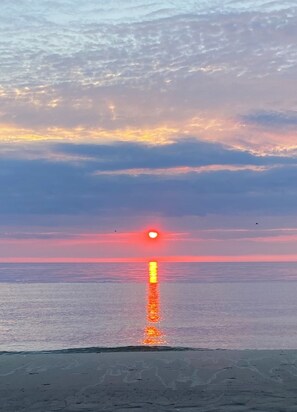 On the beach, sun-loungers, beach towels
