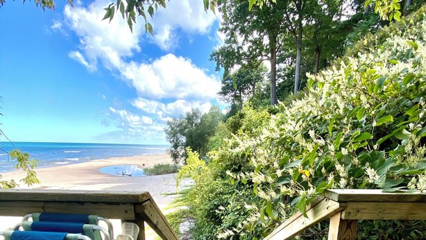 A wooden deck leading to a beach with a view of the ocean. - 1800's Church, Restored And Converted To A Designers Private Beach Retreat (Coloma)