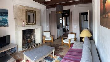 Télévision, cheminée, livres