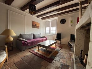 TV, fireplace, books - Gîte du Donjon, 16th century, private courtyard, between Beauval zoo and Chenonceaux (Montrichard)