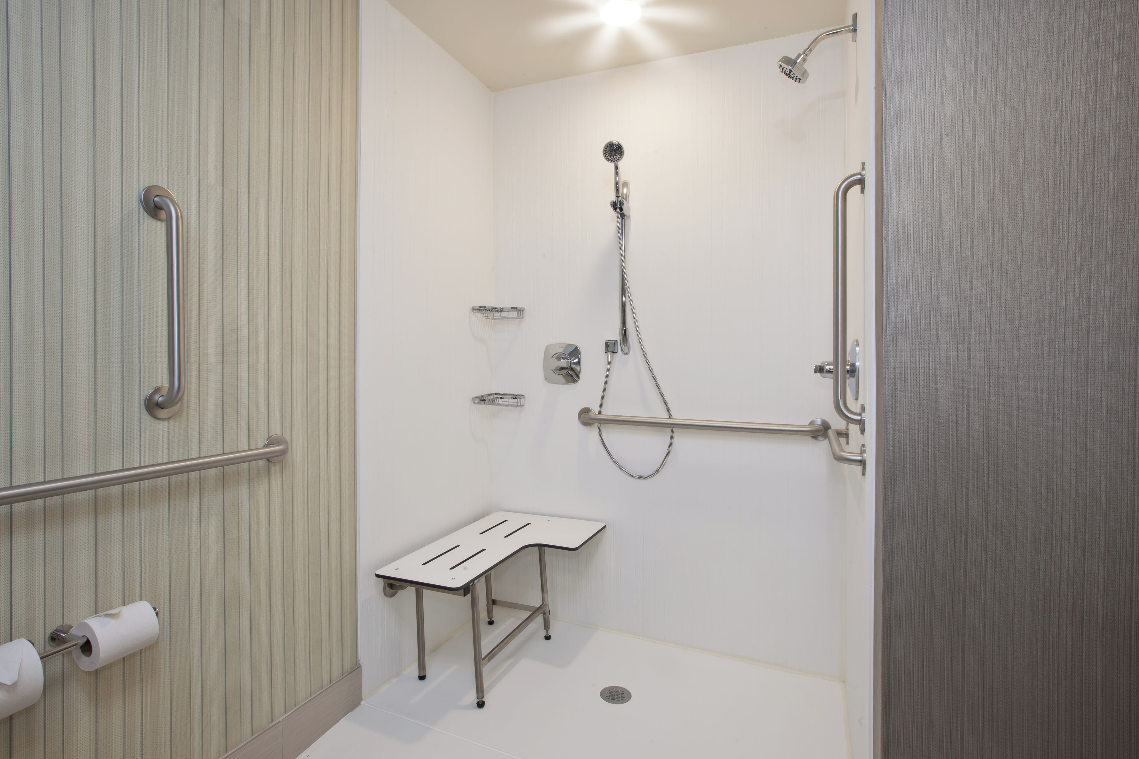 A bathroom with a shower, toilet, and handrails.