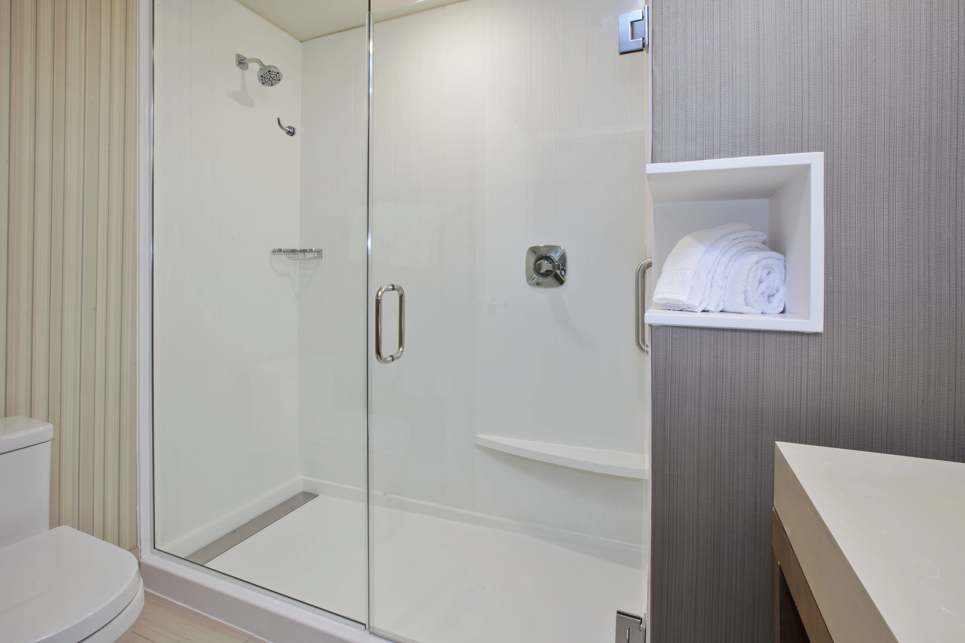 A modern bathroom with a glass-enclosed shower, a toilet, and a towel shelf.