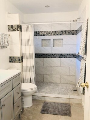 Douche, serviettes fournies, savon, papier de toilette