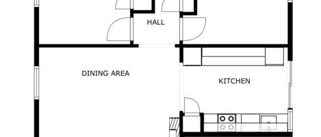 A floor plan with a bedroom, primary bedroom, hall, dining area, kitchen, living room, and foyer.
