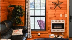 Un acogedor interior de cabaña con detalles de madera, un sofá de cuero, una planta en maceta, una decoración de estrella y una chimenea.