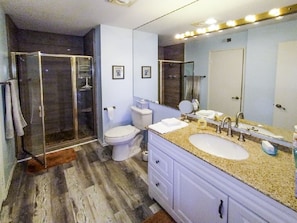 Hair dryer, towels, soap, shampoo