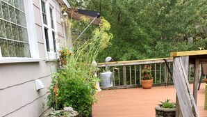 Een houten trap die leidt naar een terras met potplanten en een metalen hekwerk.