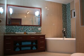 Bathtub, hair dryer, towels, toilet paper