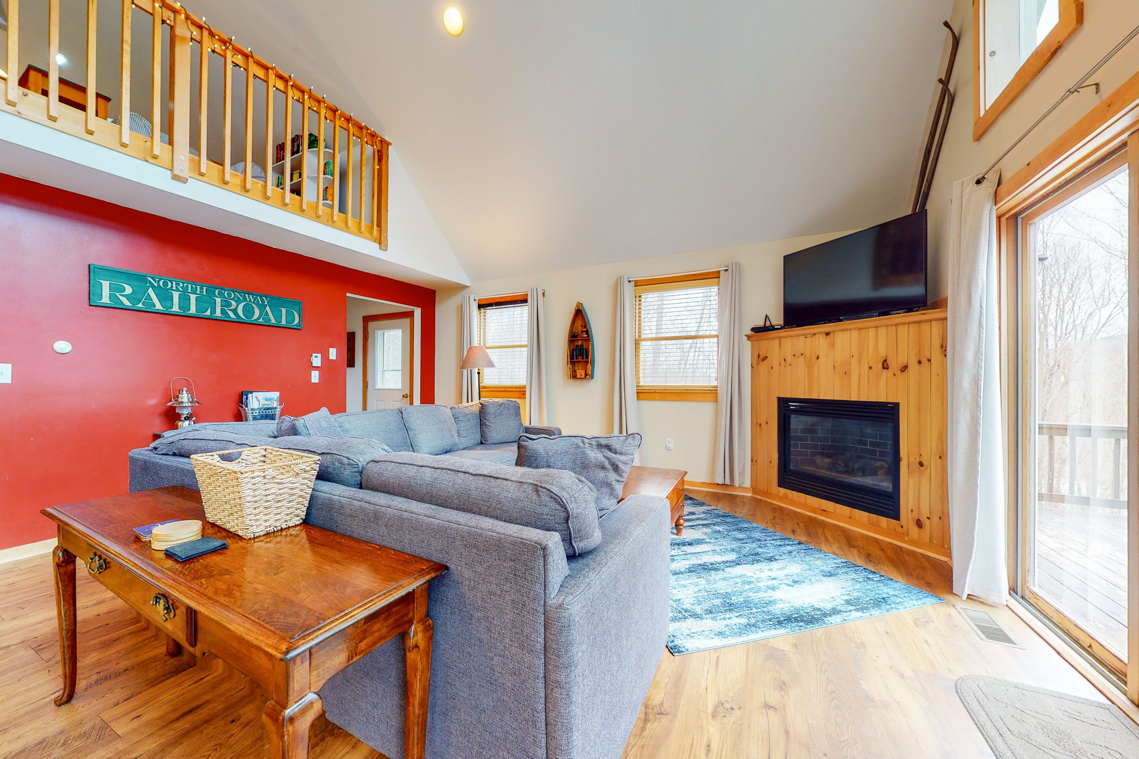 TV, lareira, DVD player, livros