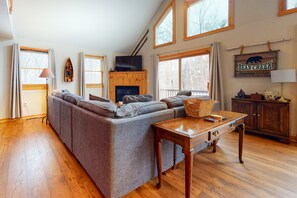 テレビ、暖炉、DVD プレーヤー、書庫