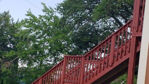 Eine rote Treppe führt zu einem Gebäude mit weißer Fassade, umgeben von üppigem Grün und weißen Blüten.