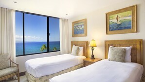 A hotel room with two beds, a view of the ocean, and a painting on the wall. - Stunning Oceanviews | Aston Ka'anapali Shores 2BO2 – Pool, Hot Tub & Spa (Kaanapali)