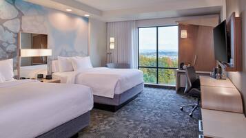 Desk, laptop workspace, blackout drapes, iron/ironing board