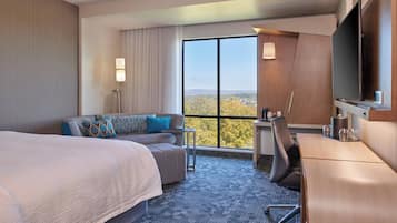 Desk, laptop workspace, blackout curtains, iron/ironing board