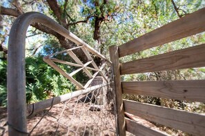 A wooden bench with metal railings and a chain-link fence in a wooded area. - Old Swanport General Store, Swanport-Murray River (Swanport)