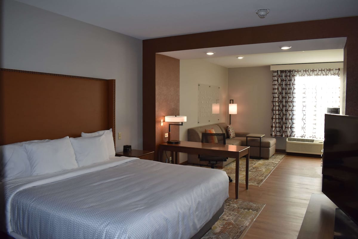 A hotel room with a large bed, a desk, a chair, a sofa, a TV, and a window with curtains.