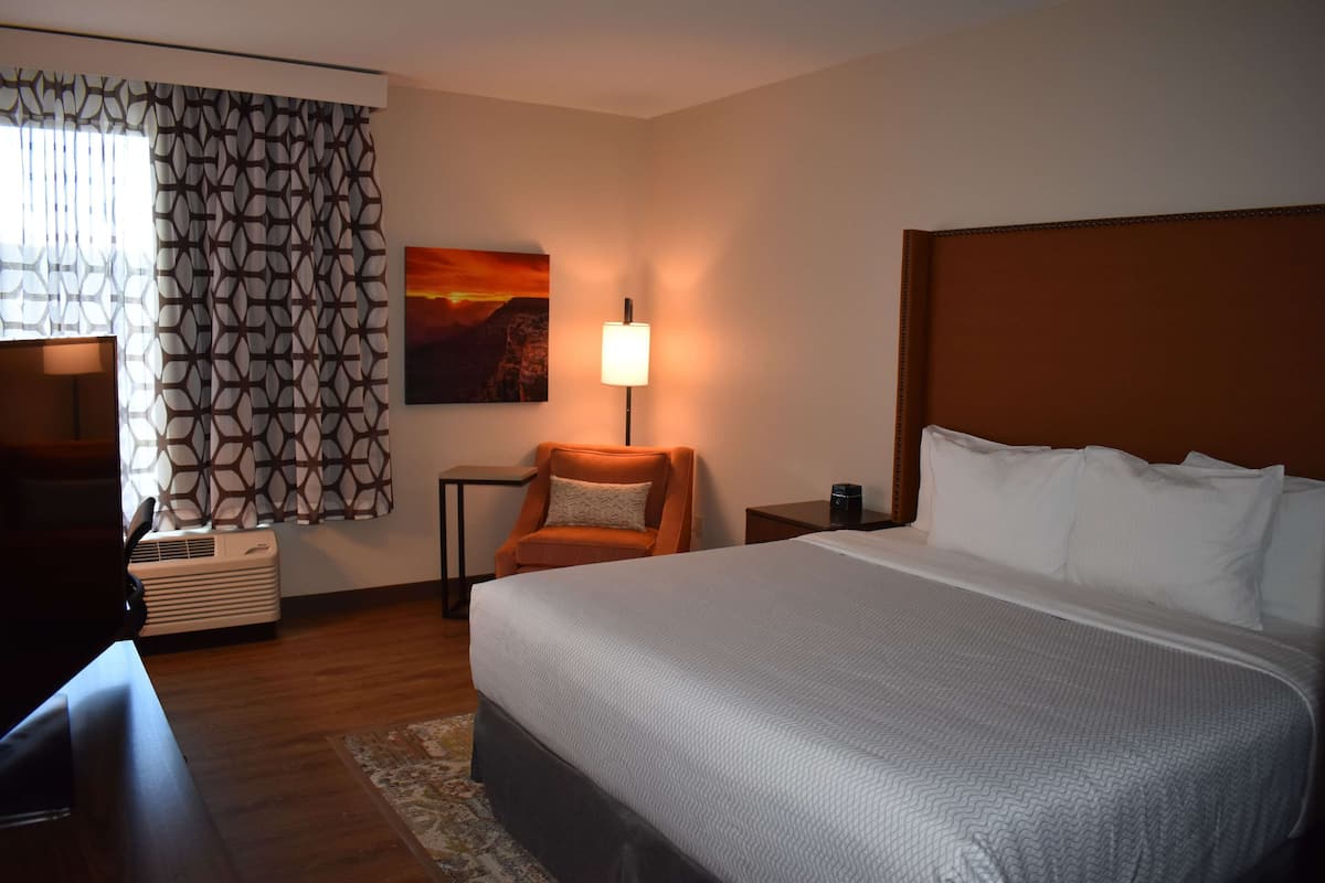 A hotel room with a large bed, a desk, a chair, a lamp, and a painting on the wall.