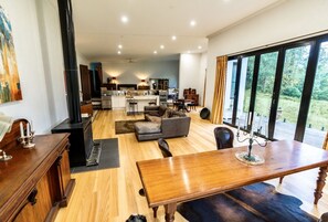 Smart TV, fireplace, DVD player, books