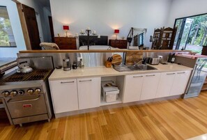 Fridge, microwave, oven, electric kettle