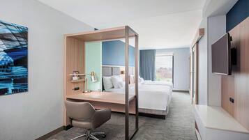 Escrivaninha, espaço de trabalho para notebook, cortinas blackout