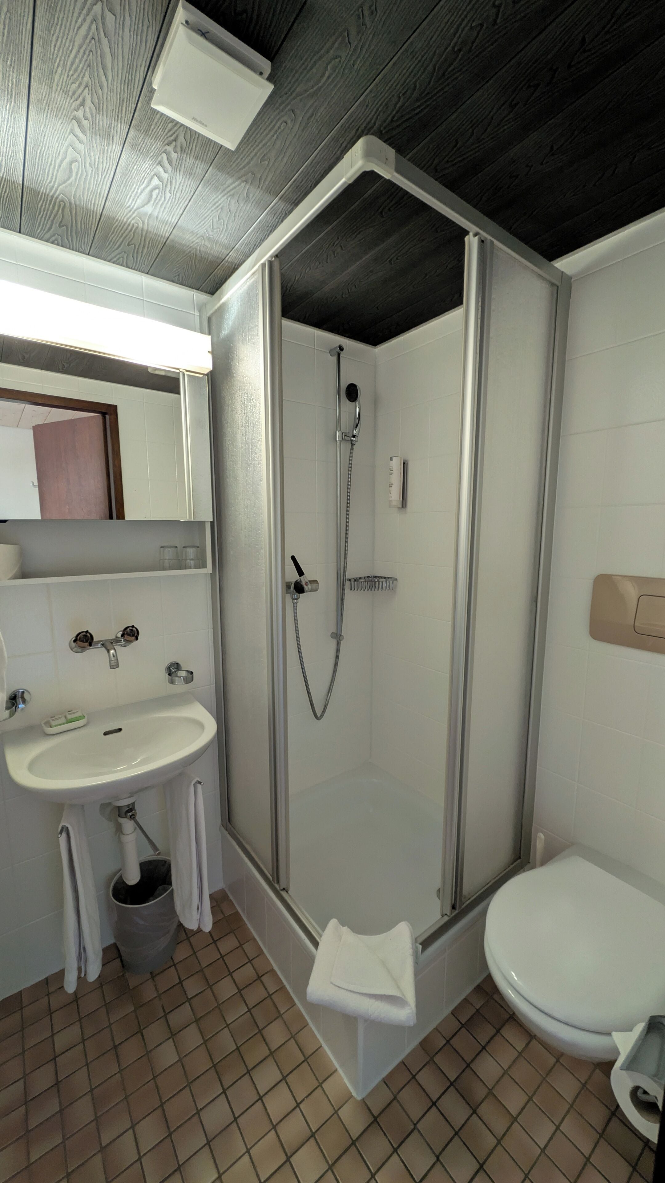 A bathroom with a shower, sink, and toilet.