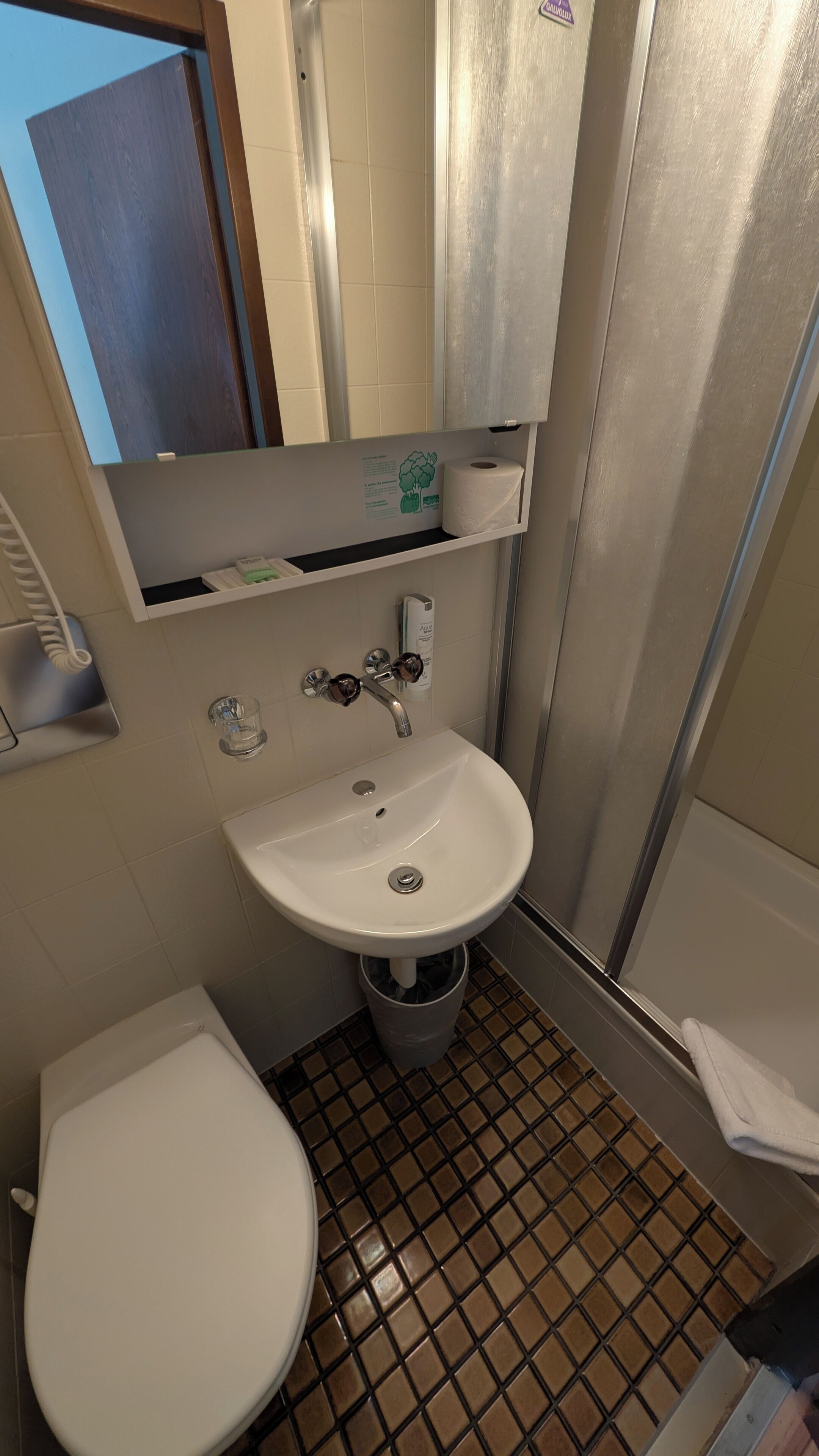 A bathroom with a white sink, a toilet, and a shower area.