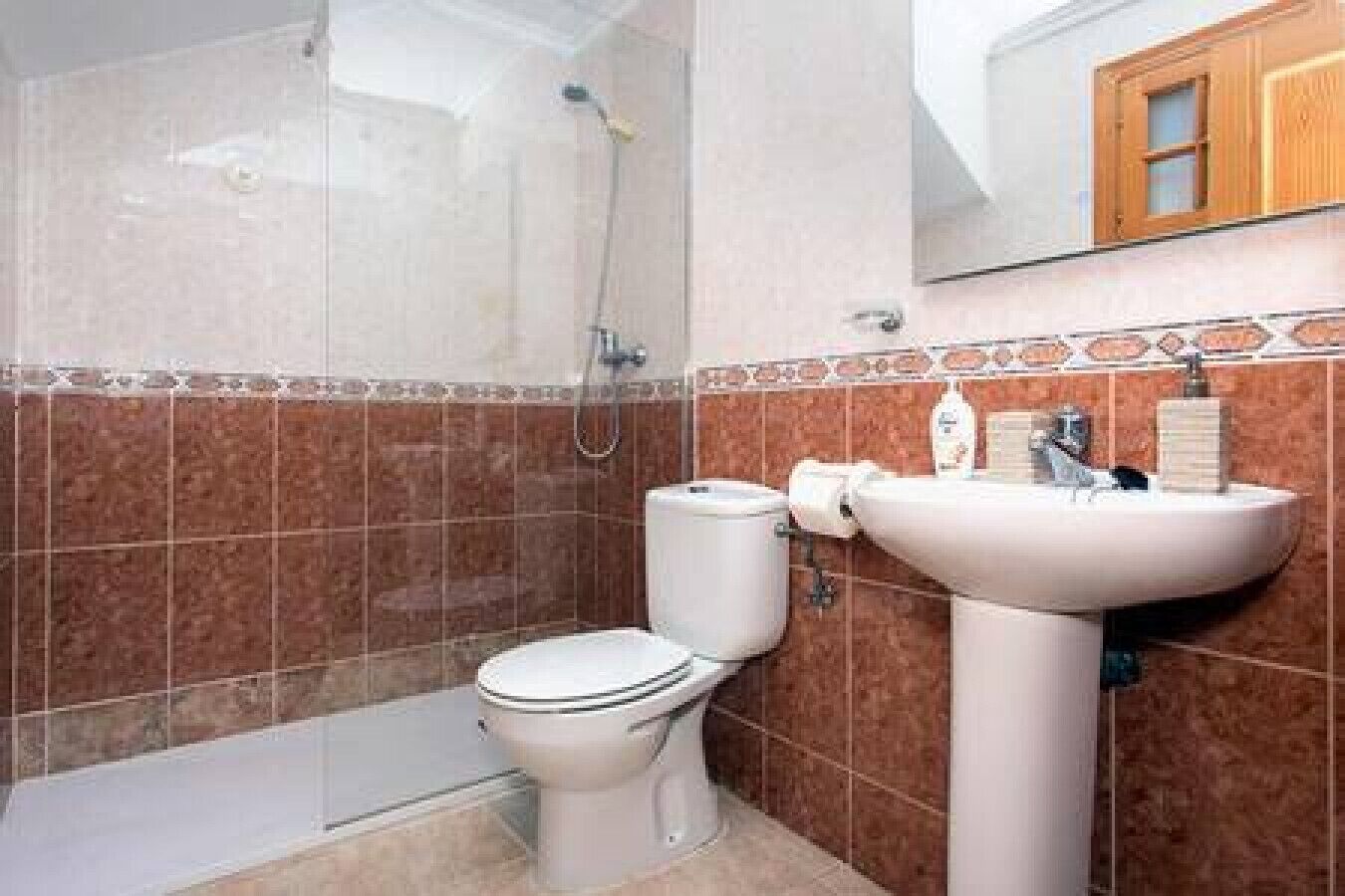 Ein Badezimmer mit Toilette, Dusche und Waschbecken.