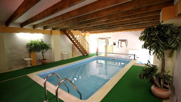 Ein Hallenbad mit Holzbalkendecke, grünem Kunstrasen und Topfpflanzen.
