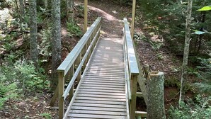 A wooden bridge in a forested area with a sign reading "Baker's Bridge". - Downtown Summerside Jewel (Summerside, PE)