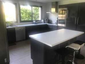 Microwave, dishwasher, coffee/tea maker, cookware/dishes/utensils