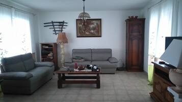 Televisie, een tafeltennistafel, een filmbibliotheek en een stereo