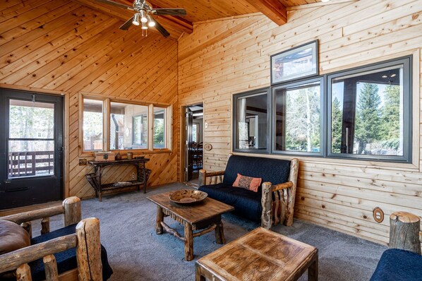 Flat-screen TV, fireplace, books