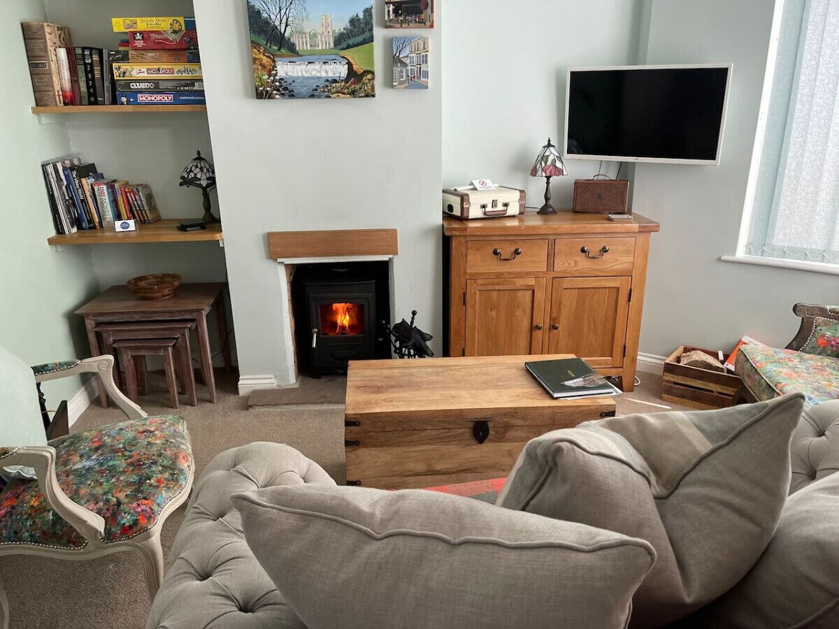 Smart TV, fireplace, books, music library