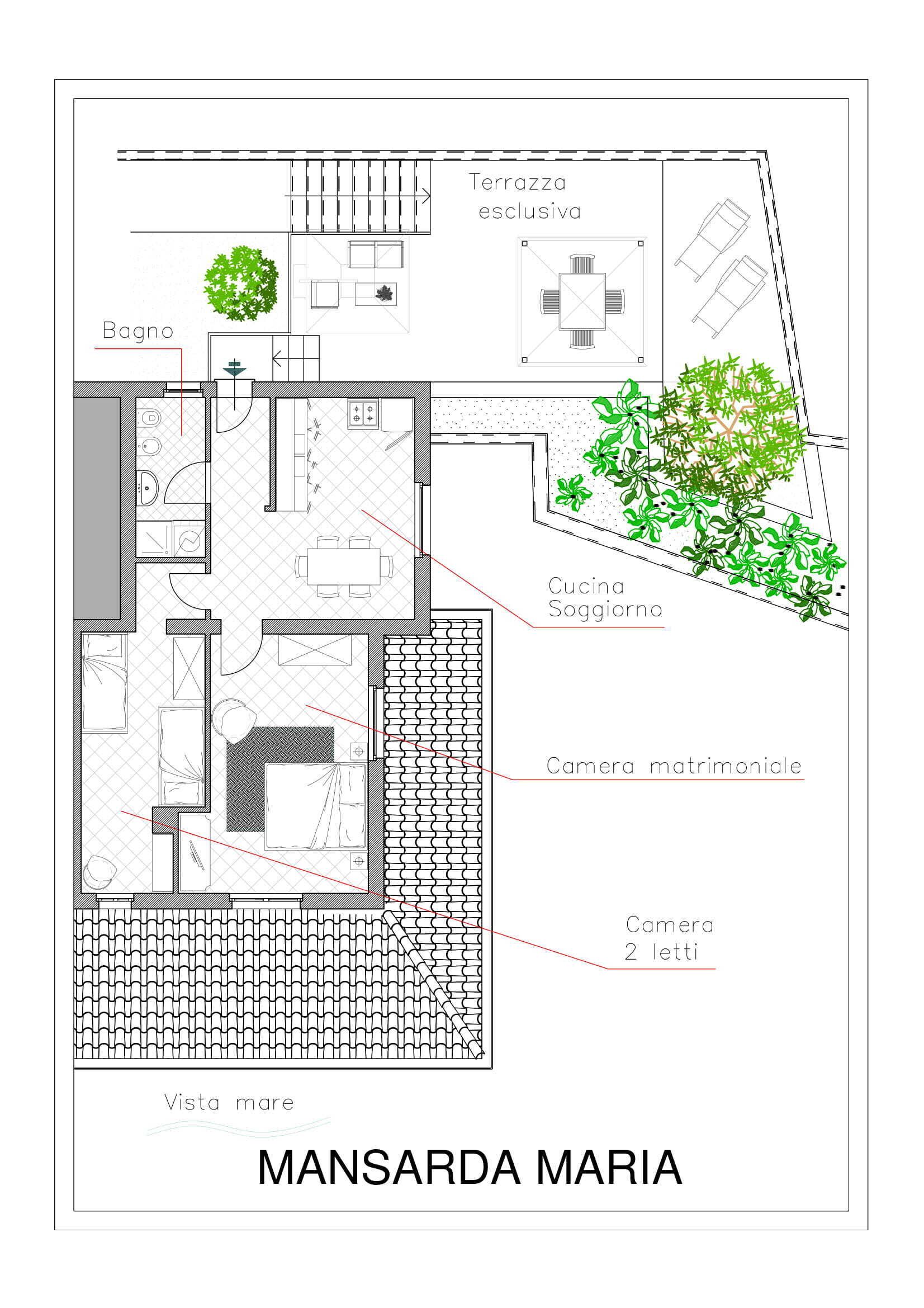 Plano de distribución de un hotel llamado MANSARDA MARIA, que cuenta con una terraza privada, una cocina, comedor, un dormitorio y un baño, con vistas al mar.