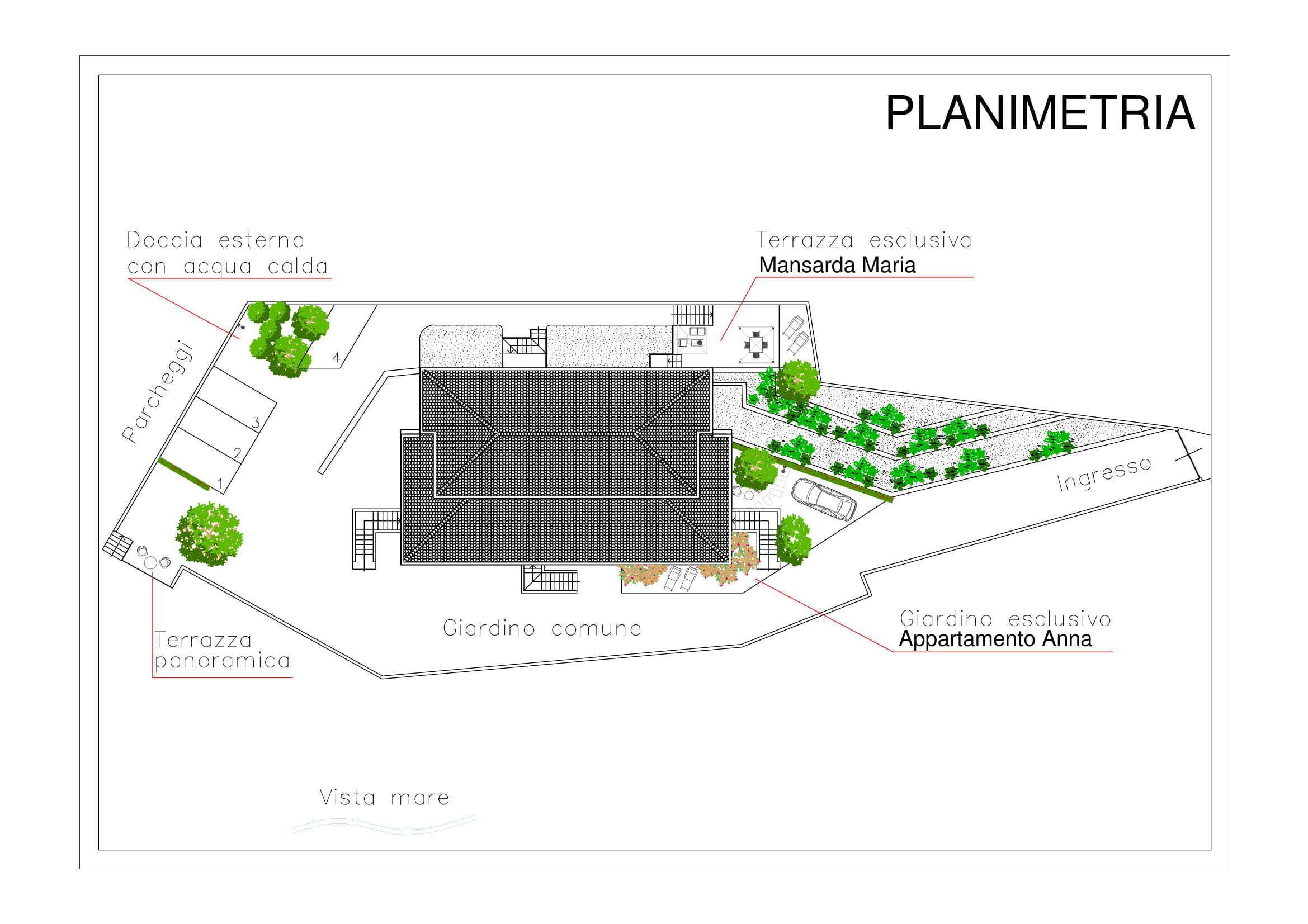 A floor plan of a building with a communal garden, a private terrace, and a view of the sea.