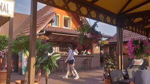 An outdoor patio area with a bar, seating, and potted plants. - Complex Turistic Max International (Rasnov)