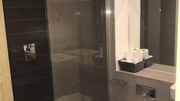 Combined shower/tub, hair dryer, towels, toilet paper