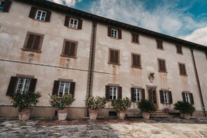 A building with multiple windows and doors, potted plants in front, and a cobblestone ground.
