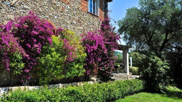 A stone building with a garden featuring vibrant pink bougainvillea. - Villa Cenami on hilltop - Alba apartment - big POOL with view near by seaside (Massarosa)