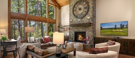 TV connectée, cheminée, jeux vidéo, lecteur de DVD