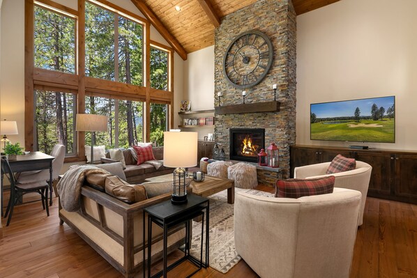 Smart TV, fireplace, video games, DVD player