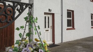 Ein weißes Gebäude mit brauner Tür und Fenstern, einer Satellitenschüssel und einem hängenden Blumenkasten.