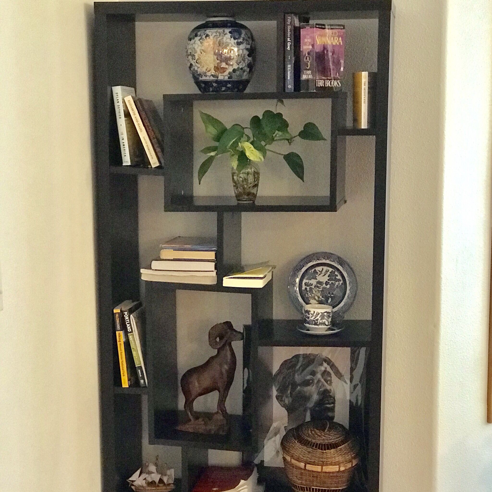 Une bibliothèque contenant divers objets, notamment des livres, un vase et des objets décoratifs.
