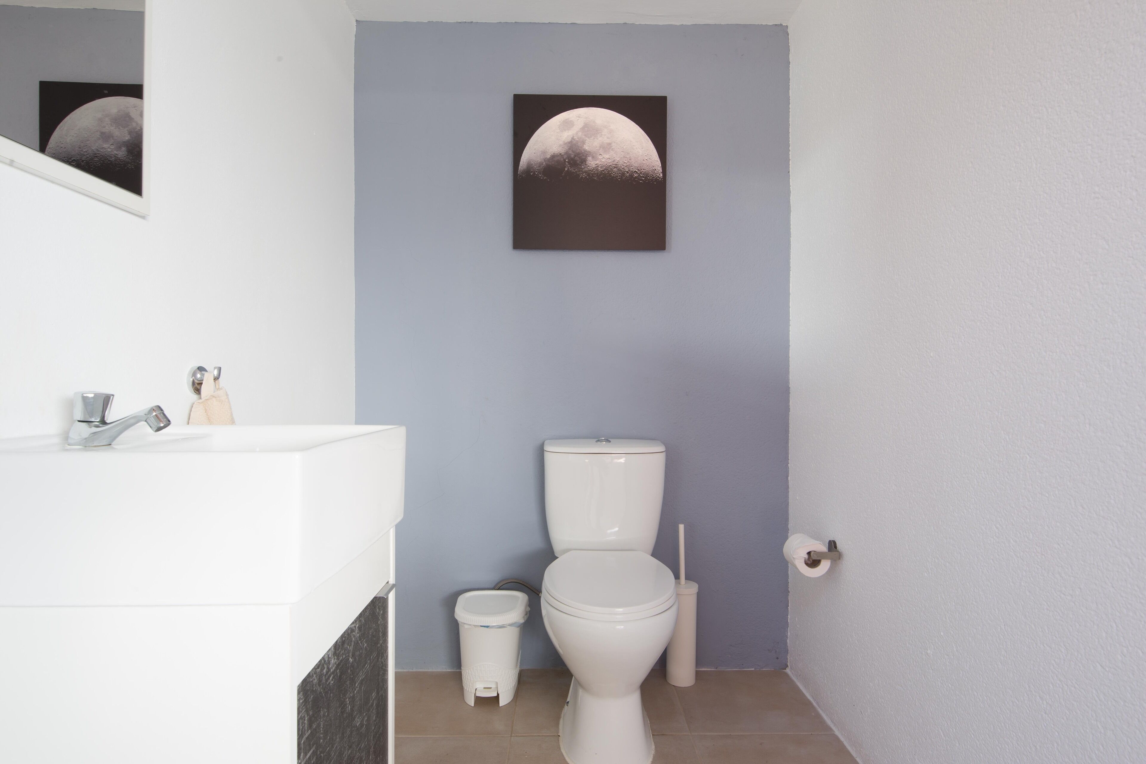 Ein Badezimmer mit einem weißen Waschbecken, einer Toilette, einem Mülleimer und einem Mondbild an der Wand.