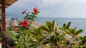 On the beach, sun-loungers