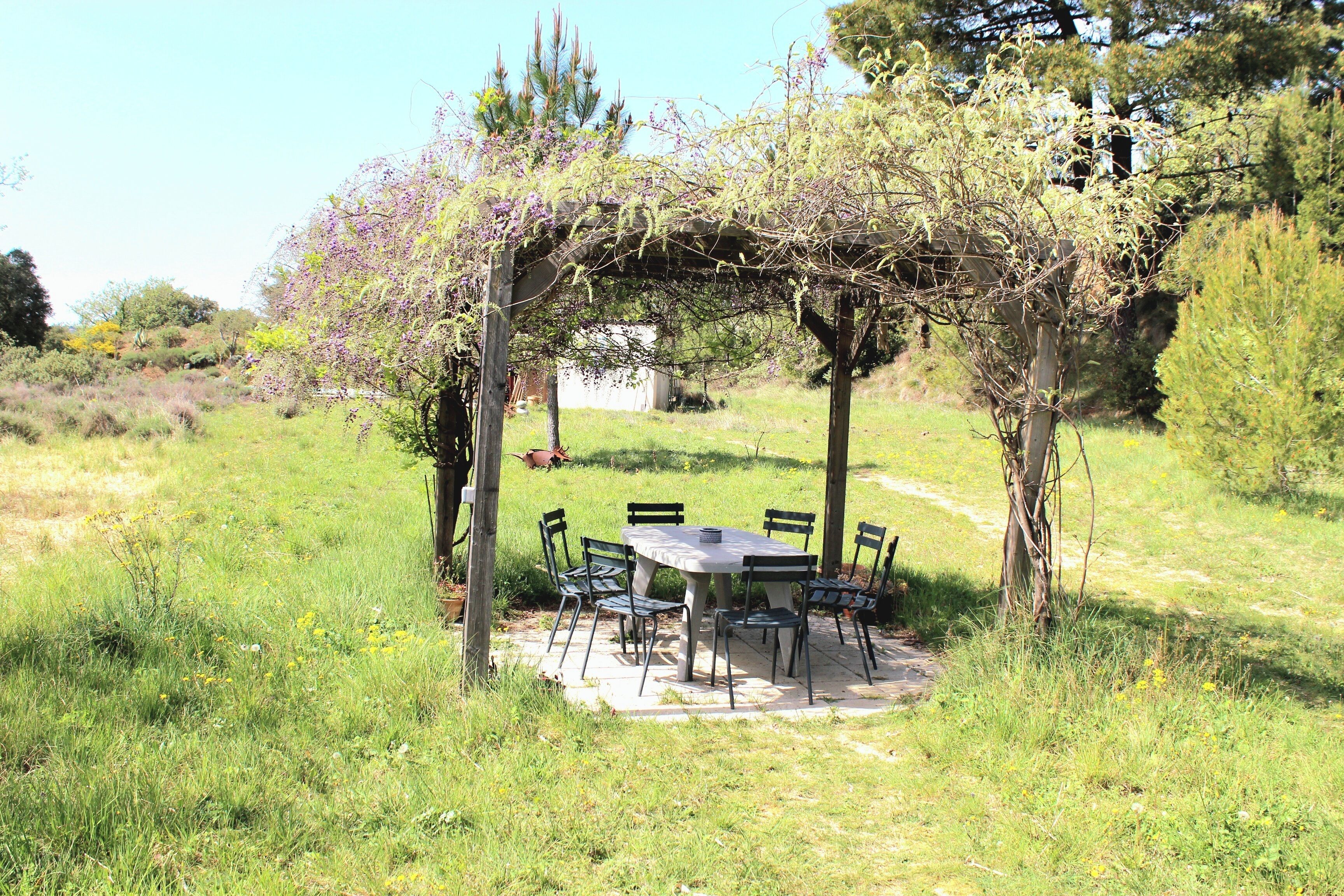 Ett bord och några stolar under en pergola på en grönskande utomhusplats.