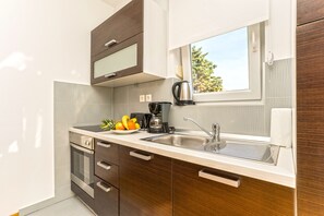 Fridge, oven, stovetop, coffee/tea maker